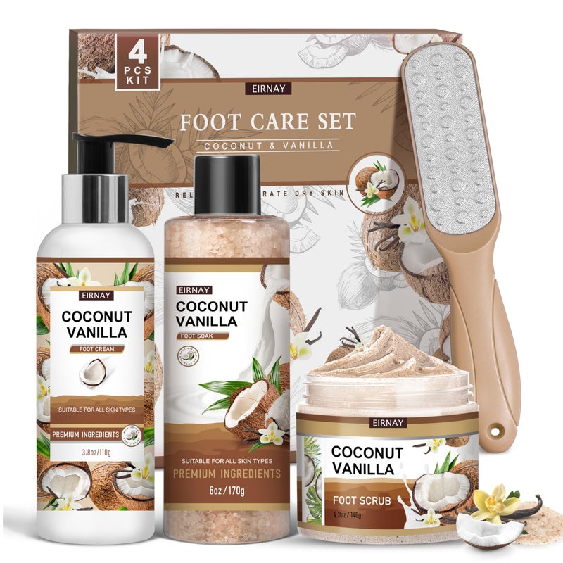 Eirnay Coconut & Vanilla Foot Soak Set - Salts, Foot File, Scrub & Urea Cream Pedicure Supplies For Dry, Cracked Feet - Foot Spa Pedicure Kit For Women Men - Image 1